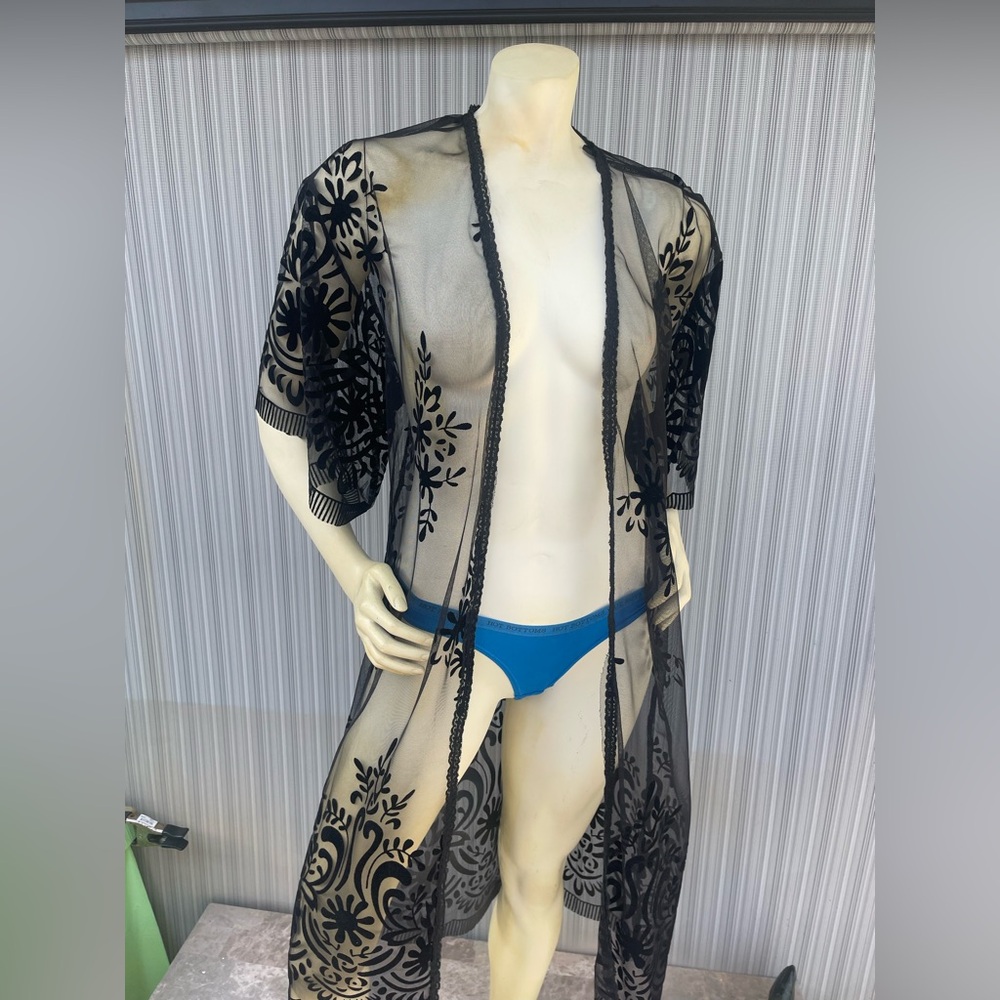 RIO SEXY BEACH COVER Black Sheer Floral Kimono Cover-Up NWT SIZE MEDIUM - Picture 6 of 13